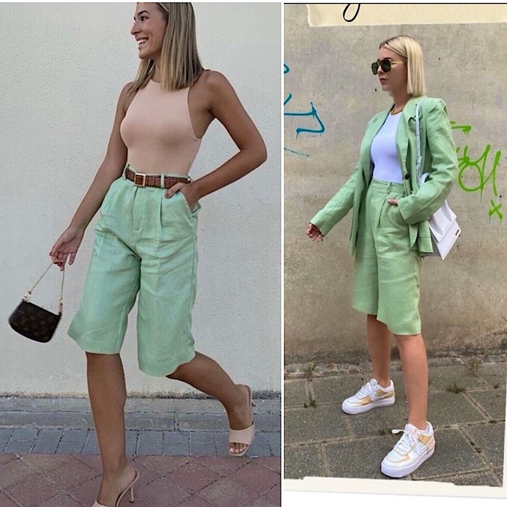 NWT Zara Linen Long Bermuda High Rise Pleated Shorts Green L Lagenlook 90s Boho - Picture 4 of 16